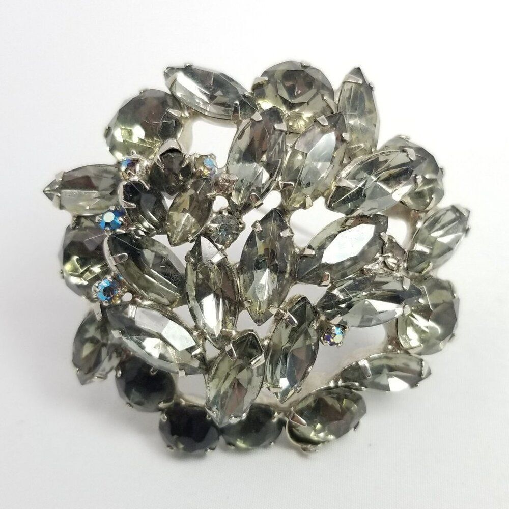 Vintage Gray Rhinestone Cluster Brooch, Marquise Shape, Silver Tone, 2 Inch - Picture 5 of 6